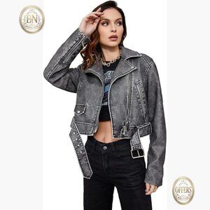 Faux Leather Cropped Jacket with Removable Belt and Zipper Pockets